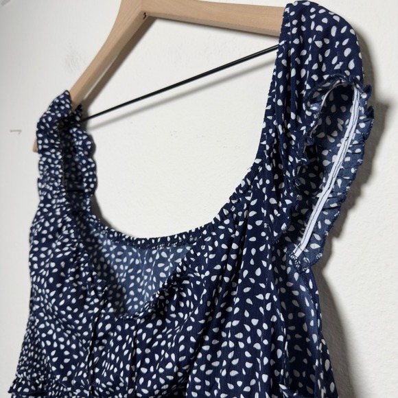 Women Milkmaid Mini Tiered Dress XXL Blue White Ditsy Floral Smocked Cottage - Picture 7 of 11